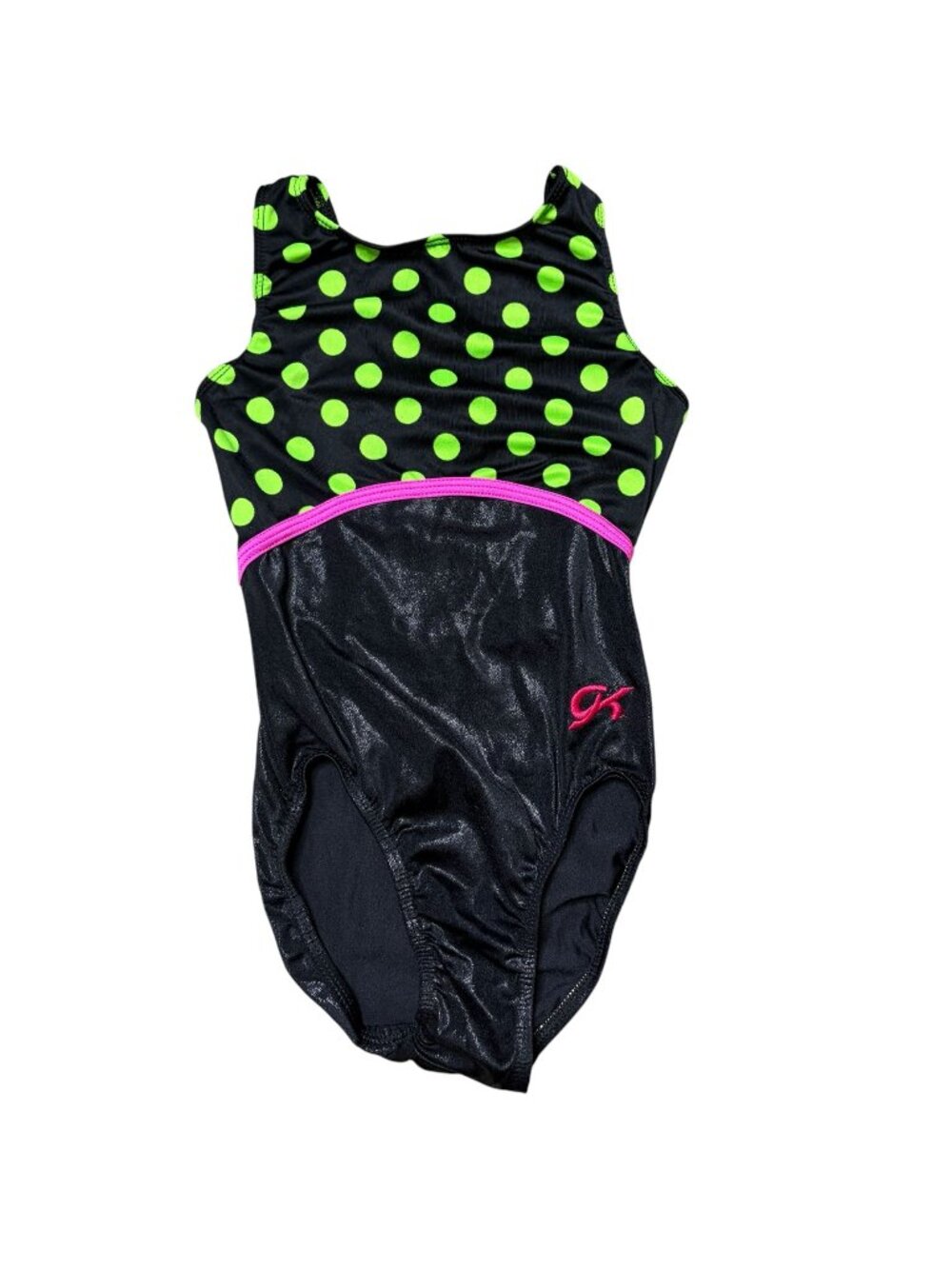 GK Gymnastics Leotard Size Child Large Polka Dot Lime Green Black